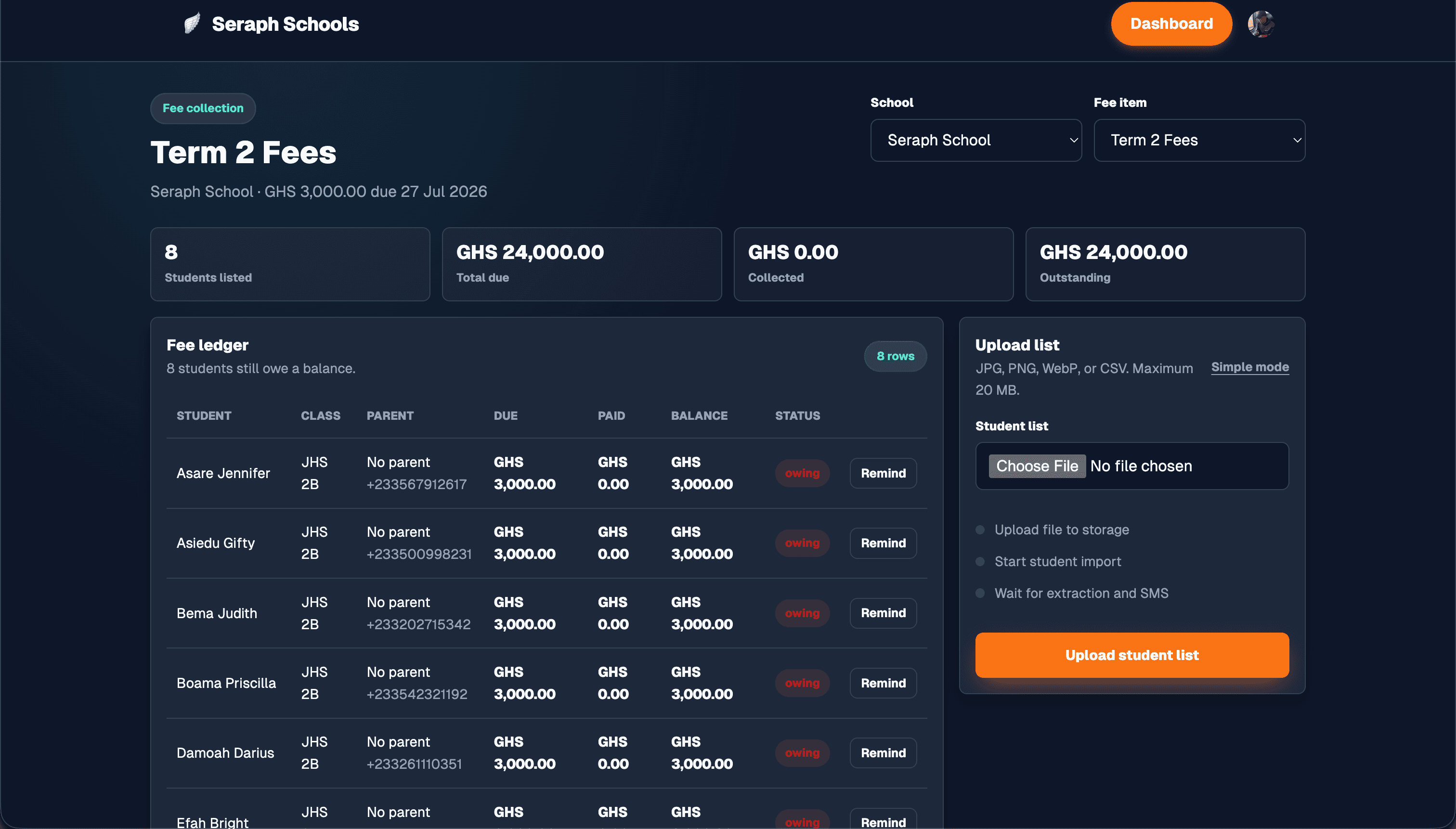 The fee dashboard built automatically from that photographed list
