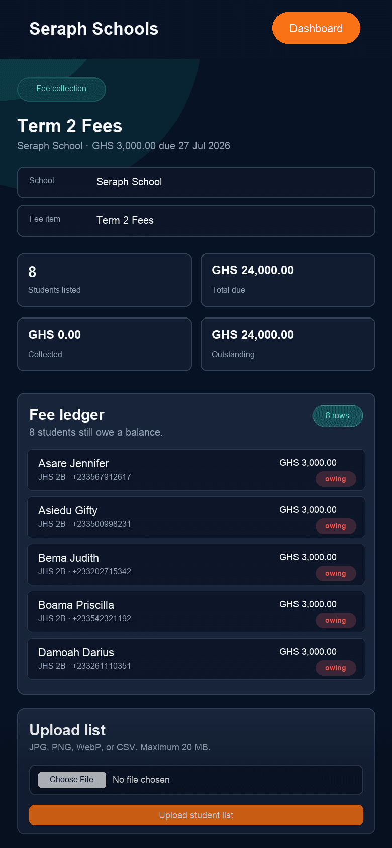 The same fee dashboard shown on a phone-sized screen