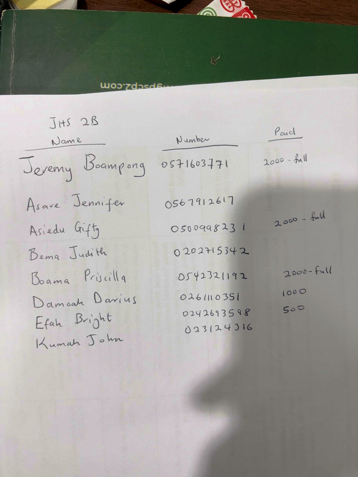 A real handwritten student list with parent phone numbers, photographed on a desk