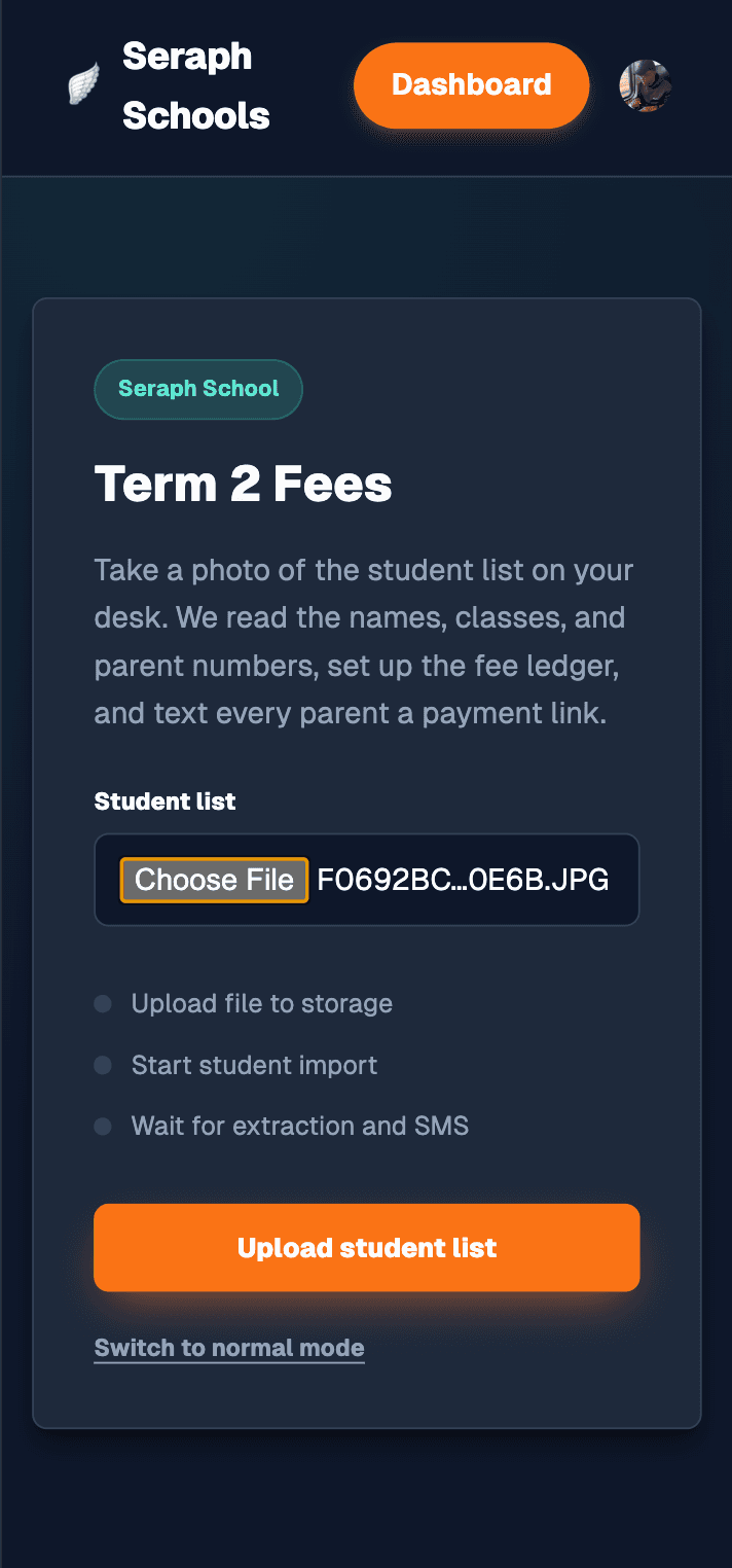 Phone screen with a photographed student list chosen and ready to upload