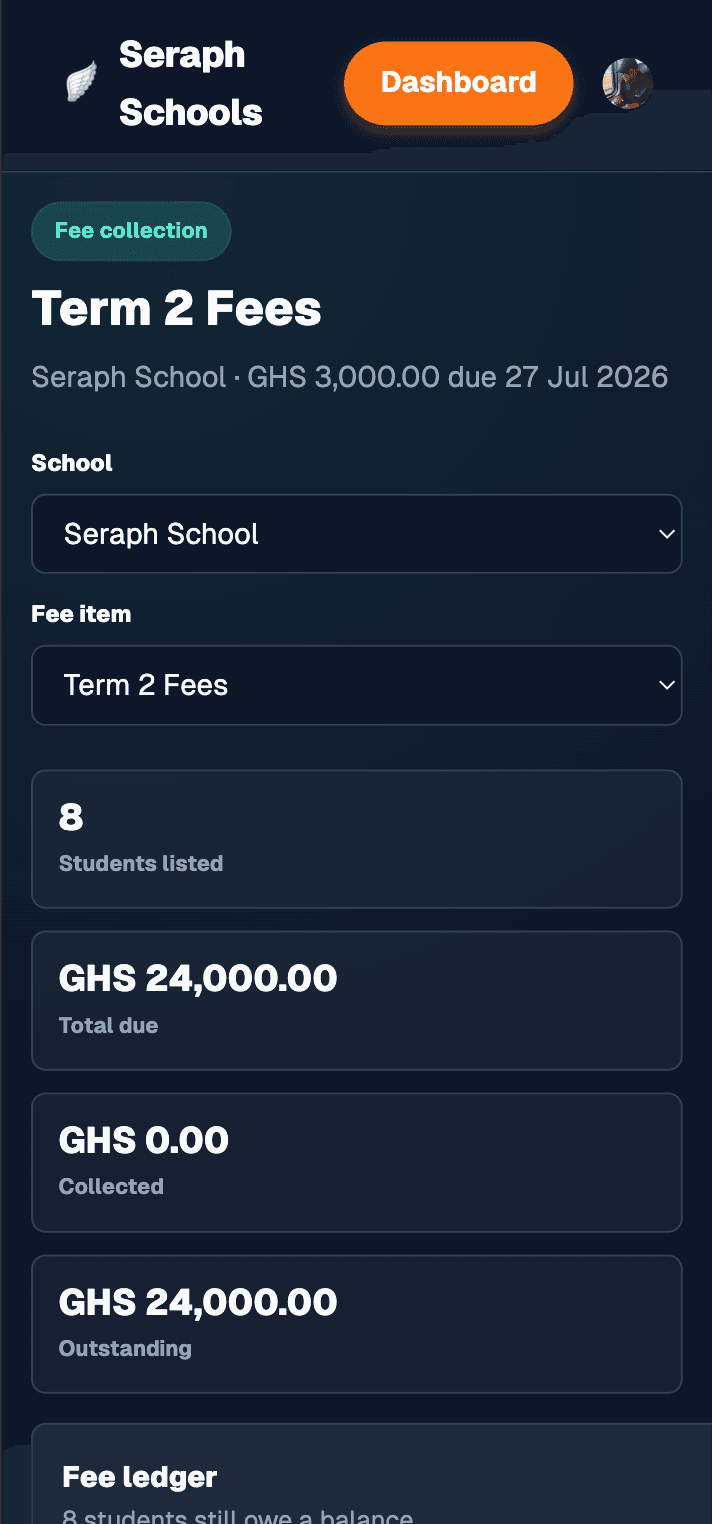 Phone screen showing the finished fee ledger with eight students and their balances